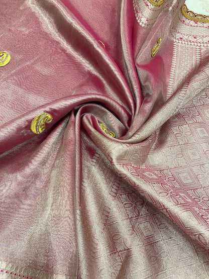 Faishana Presents Pink Lace Work Zardoji Pattern Patch work Saree with jacquard Blouse.