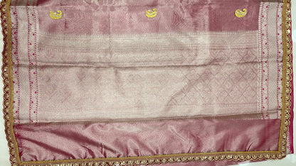 Faishana Presents Pink Lace Work Zardoji Pattern Patch work Saree with jacquard Blouse.