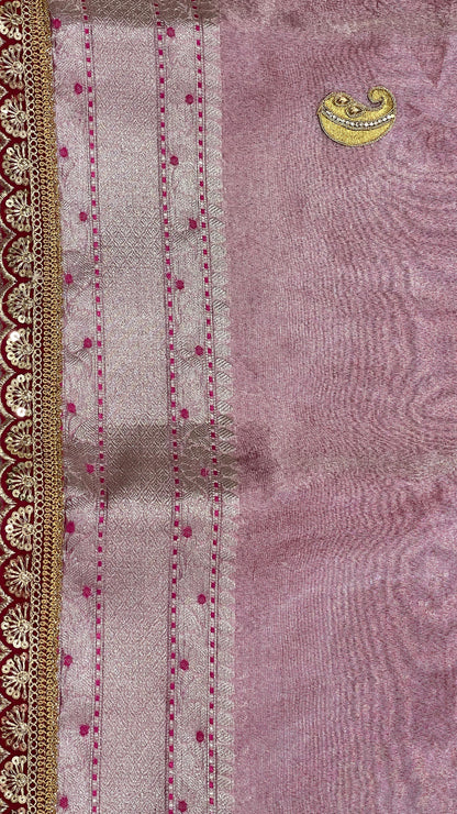 Faishana Presents Pink Lace Work Zardoji Pattern Patch work Saree with jacquard Blouse.