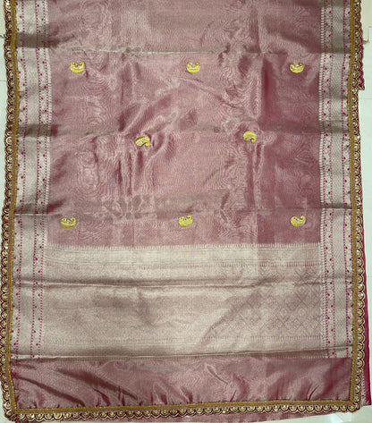 Faishana Presents Pink Lace Work Zardoji Pattern Patch work Saree with jacquard Blouse.