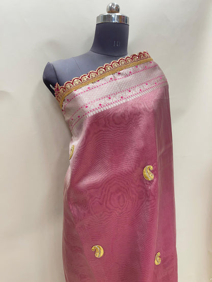 Faishana Presents Pink Lace Work Zardoji Pattern Patch work Saree with jacquard Blouse.