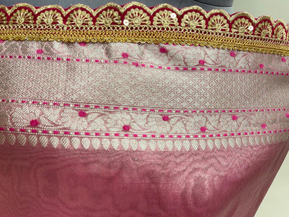 Faishana Presents Pink Lace Work Zardoji Pattern Patch work Saree with jacquard Blouse.