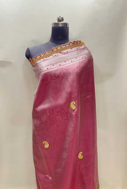 Faishana Presents Pink Lace Work Zardoji Pattern Patch work Saree with jacquard Blouse.