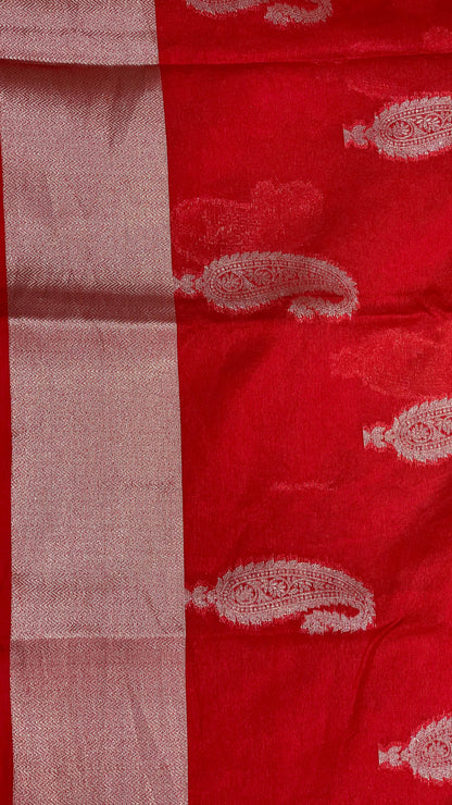 Faishana Presents Red Warm Silk Carry Boota Thos Border Banarasi Saree with Plain Blouse