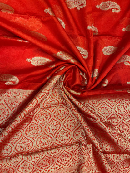 Faishana Presents Red Warm Silk Carry Boota Thos Border Banarasi Saree with Plain Blouse