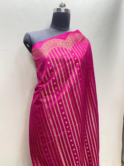 Faishana Presents Magenta Semi Georgette Golden Zari Stripe Banarasi Saree with Blouse.