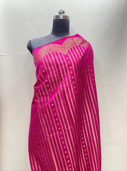 Faishana Presents Magenta Semi Georgette Golden Zari Stripe Banarasi Saree with Blouse.