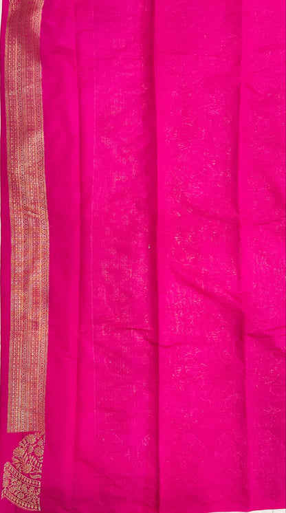 Faishana Presents Magenta Semi Georgette Golden Zari Stripe Banarasi Saree with Blouse.