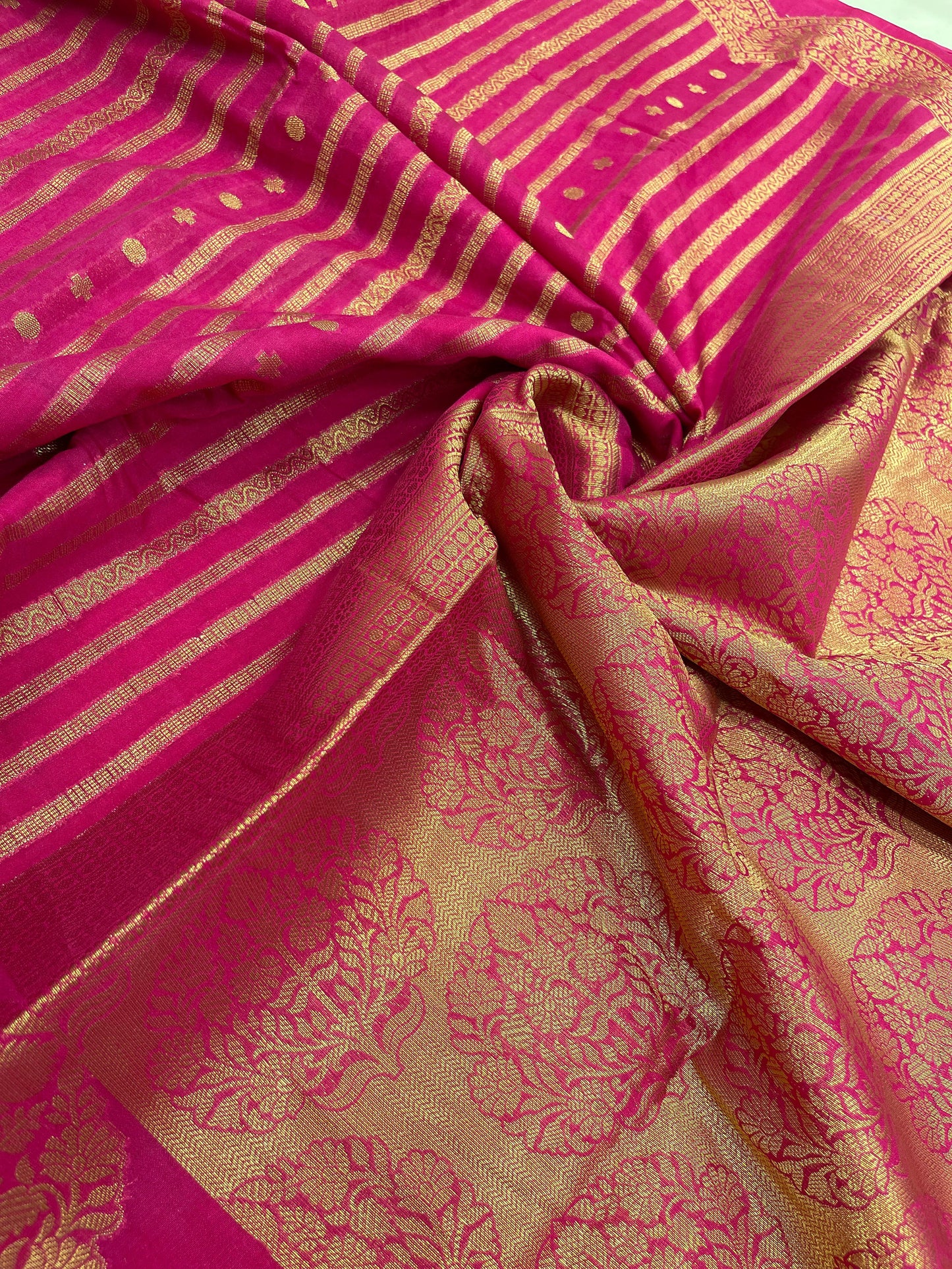 Faishana Presents Magenta Semi Georgette Golden Zari Stripe Banarasi Saree with Blouse.