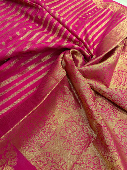 Faishana Presents Magenta Semi Georgette Golden Zari Stripe Banarasi Saree with Blouse.