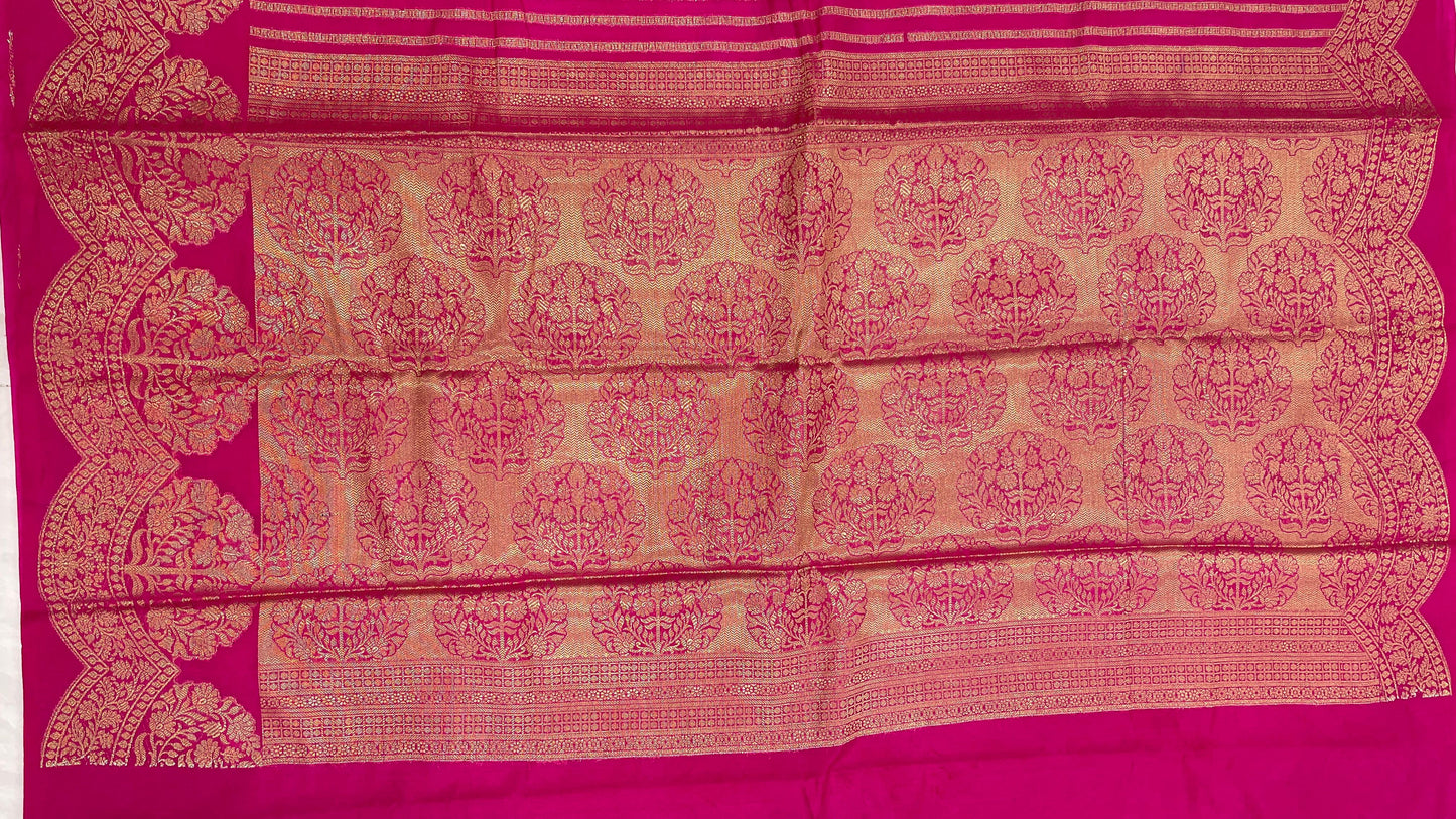 Faishana Presents Magenta Semi Georgette Golden Zari Stripe Banarasi Saree with Blouse.