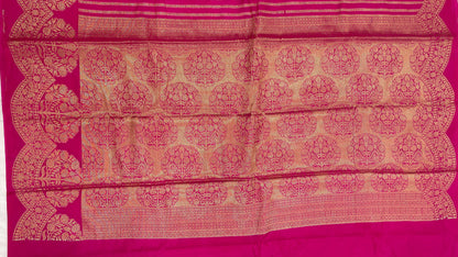 Faishana Presents Magenta Semi Georgette Golden Zari Stripe Banarasi Saree with Blouse.