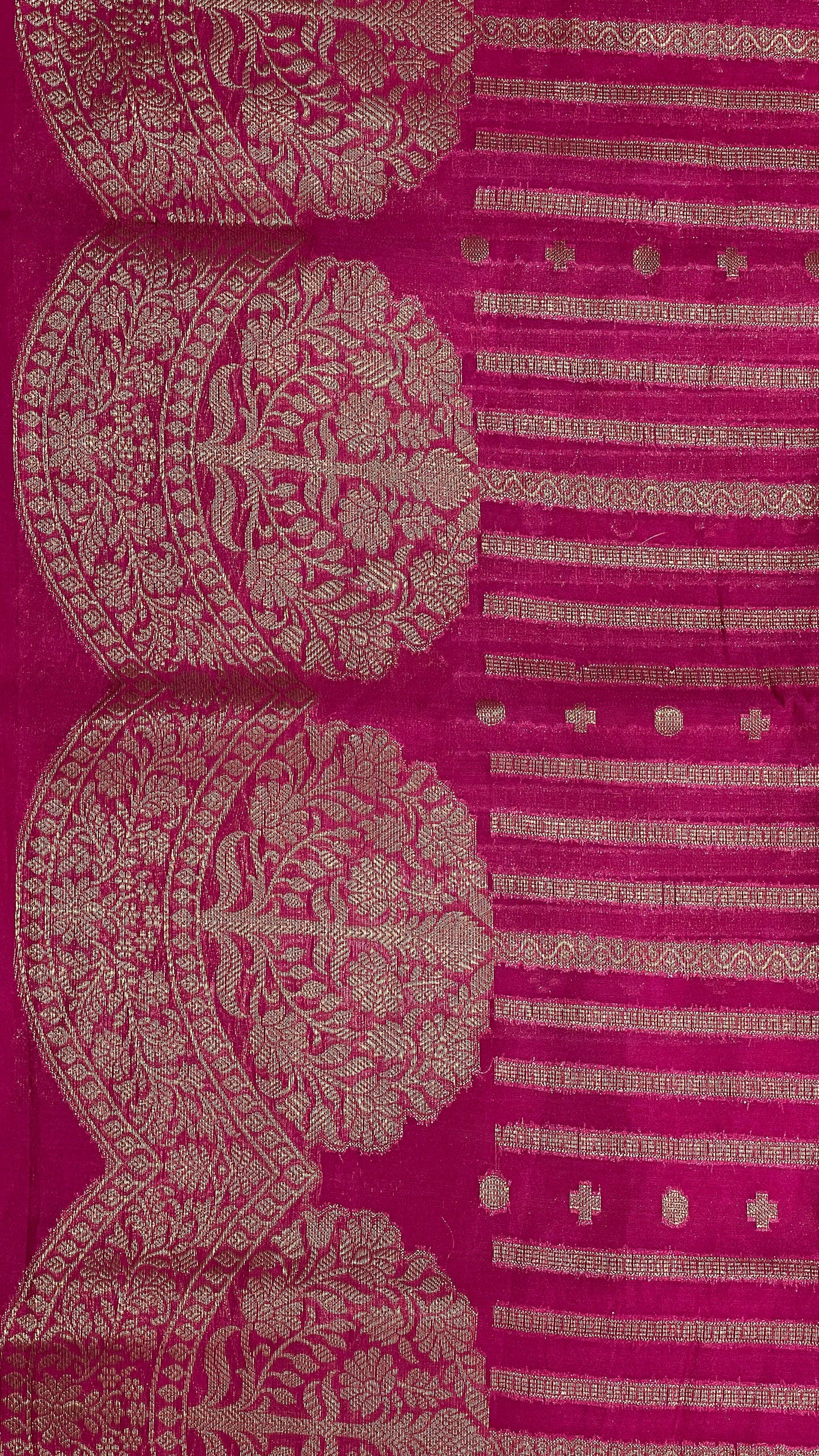 Faishana Presents Magenta Semi Georgette Golden Zari Stripe Banarasi Saree with Blouse.