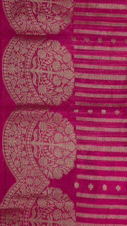 Faishana Presents Magenta Semi Georgette Golden Zari Stripe Banarasi Saree with Blouse.