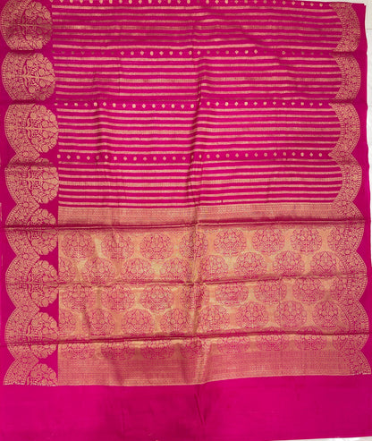 Faishana Presents Magenta Semi Georgette Golden Zari Stripe Banarasi Saree with Blouse.