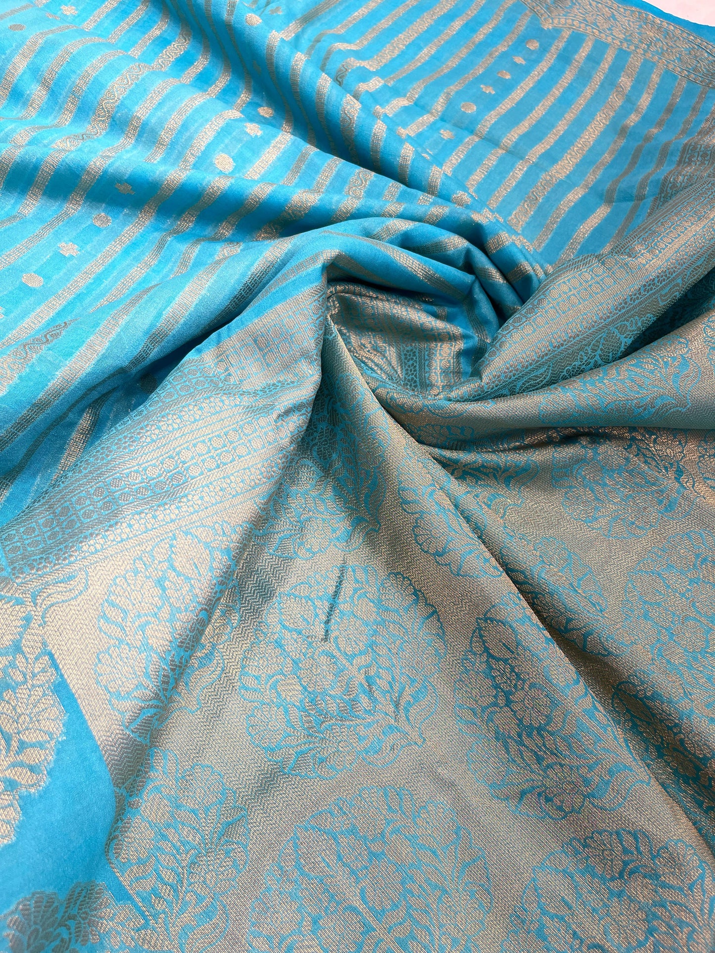 Faishana Presents Sky Blue Semi Georgette Golden Zari Stripe Banarasi Saree with Blouse.