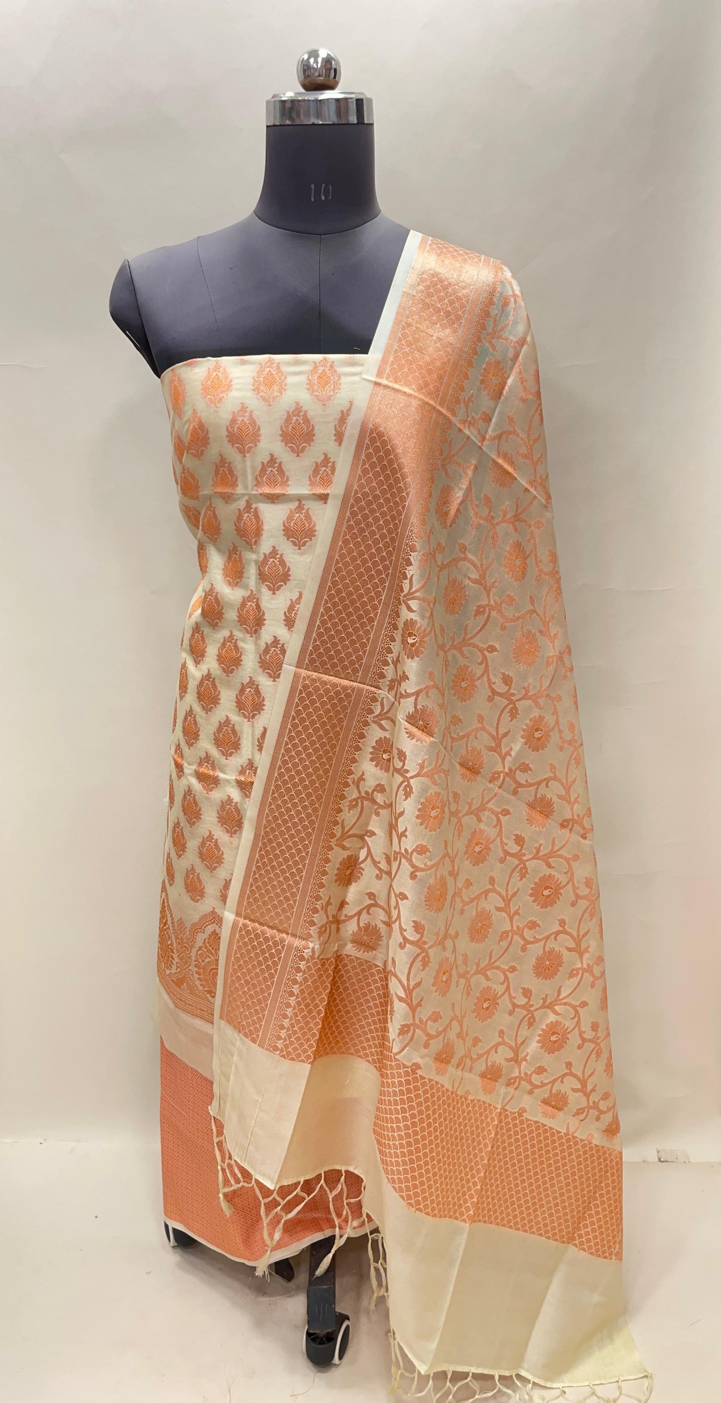 Faishana Presents Beige Semi Katan Silk 3 pcs Suit Set with Plain Bottom and Top Copper Floral Zari Booti with Copper Zari Jaal Dupatta ASD_101