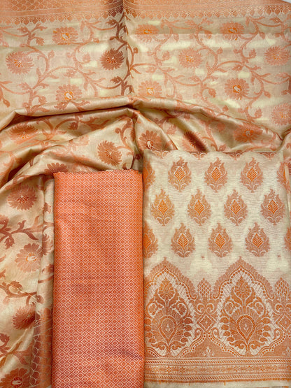 Faishana Presents Beige Semi Katan Silk 3 pcs Suit Set with Plain Bottom and Top Copper Floral Zari Booti with Copper Zari Jaal Dupatta ASD_101
