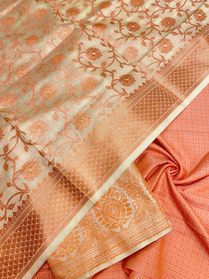 Faishana Presents Beige Semi Katan Silk 3 pcs Suit Set with Plain Bottom and Top Copper Floral Zari Booti with Copper Zari Jaal Dupatta ASD_101