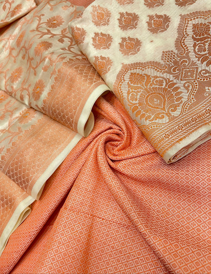 Faishana Presents Beige Semi Katan Silk 3 pcs Suit Set with Plain Bottom and Top Copper Floral Zari Booti with Copper Zari Jaal Dupatta ASD_101