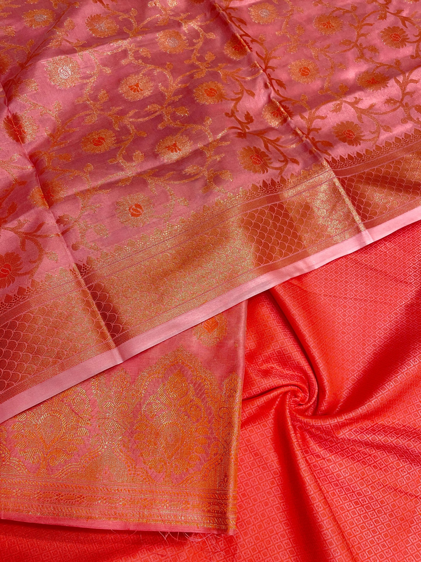 Faishana Presents Pink Semi Katan Silk 3 pcs Suit Set with Plain Bottom and Top Copper Floral Zari Booti with Copper Zari Jaal Dupatta ASD_102