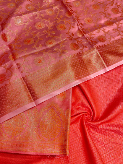 Faishana Presents Pink Semi Katan Silk 3 pcs Suit Set with Plain Bottom and Top Copper Floral Zari Booti with Copper Zari Jaal Dupatta ASD_102