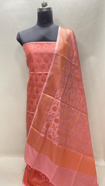 Faishana Presents Pink Semi Katan Silk 3 pcs Suit Set with Plain Bottom and Top Copper Floral Zari Booti with Copper Zari Jaal Dupatta ASD_102
