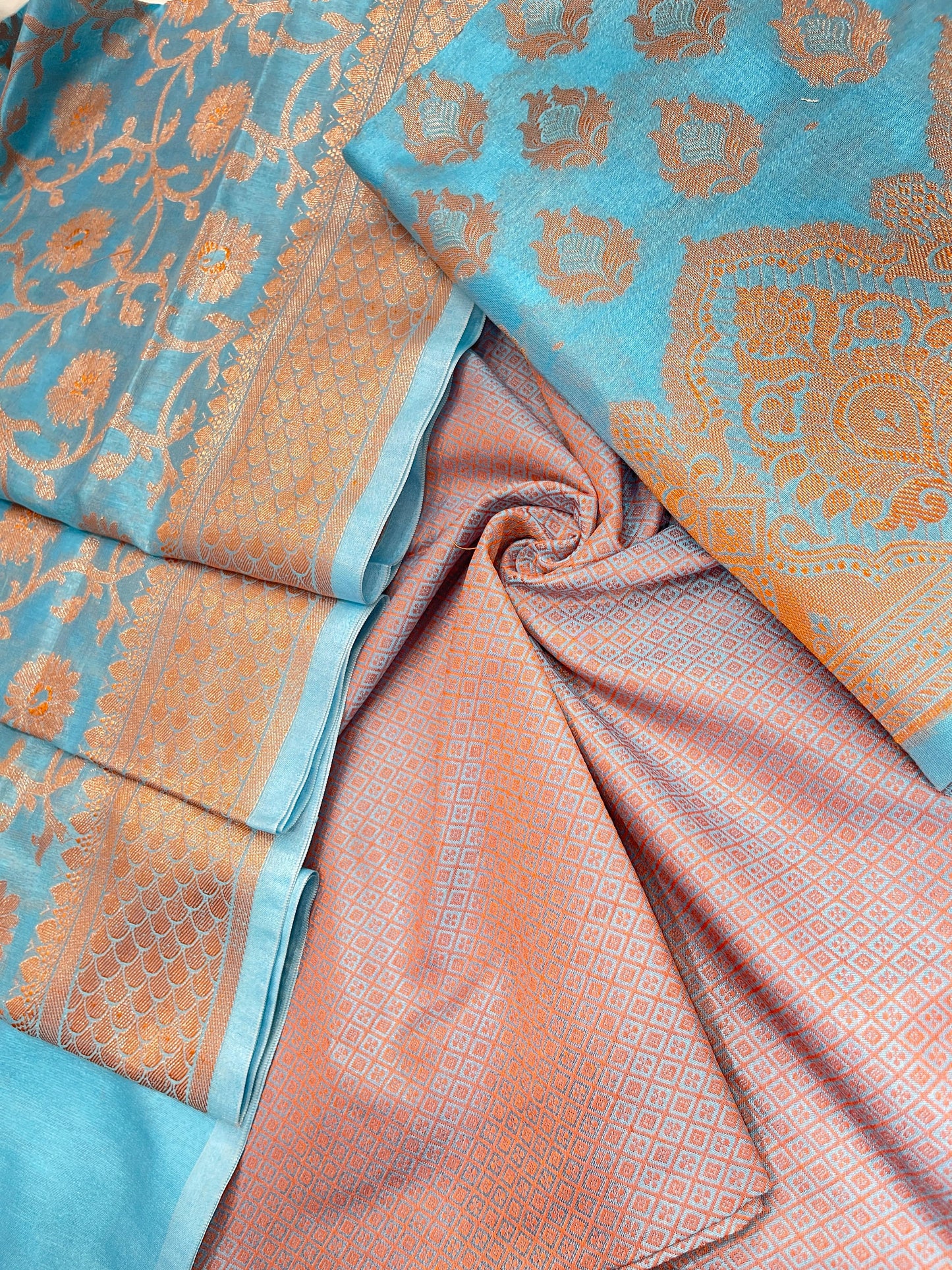 Faishana Presents Sky Blue Semi Katan Silk 3 pcs Suit Set with Plain Bottom and Top Copper Floral Zari Booti with Copper Zari Jaal Dupatta ASD_103