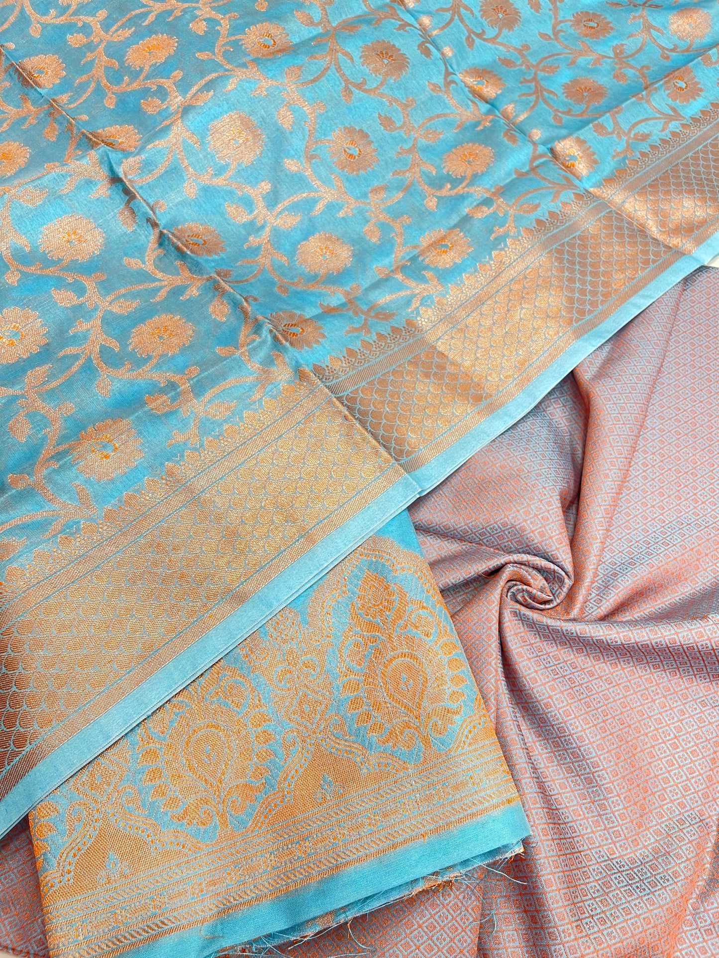 Faishana Presents Sky Blue Semi Katan Silk 3 pcs Suit Set with Plain Bottom and Top Copper Floral Zari Booti with Copper Zari Jaal Dupatta ASD_103