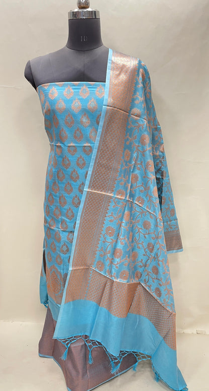 Faishana Presents Sky Blue Semi Katan Silk 3 pcs Suit Set with Plain Bottom and Top Copper Floral Zari Booti with Copper Zari Jaal Dupatta ASD_103