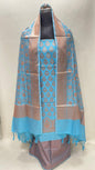 Faishana Presents Sky Blue Semi Katan Silk 3 pcs Suit Set with Plain Bottom and Top Copper Floral Zari Booti with Copper Zari Jaal Dupatta ASD_103