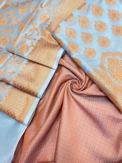 Faishana Presents Light Blue Semi Katan Silk 3 pcs Suit Set with Plain Bottom and Top Copper Floral Zari Booti with Copper Zari Jaal Dupatta ASD_104