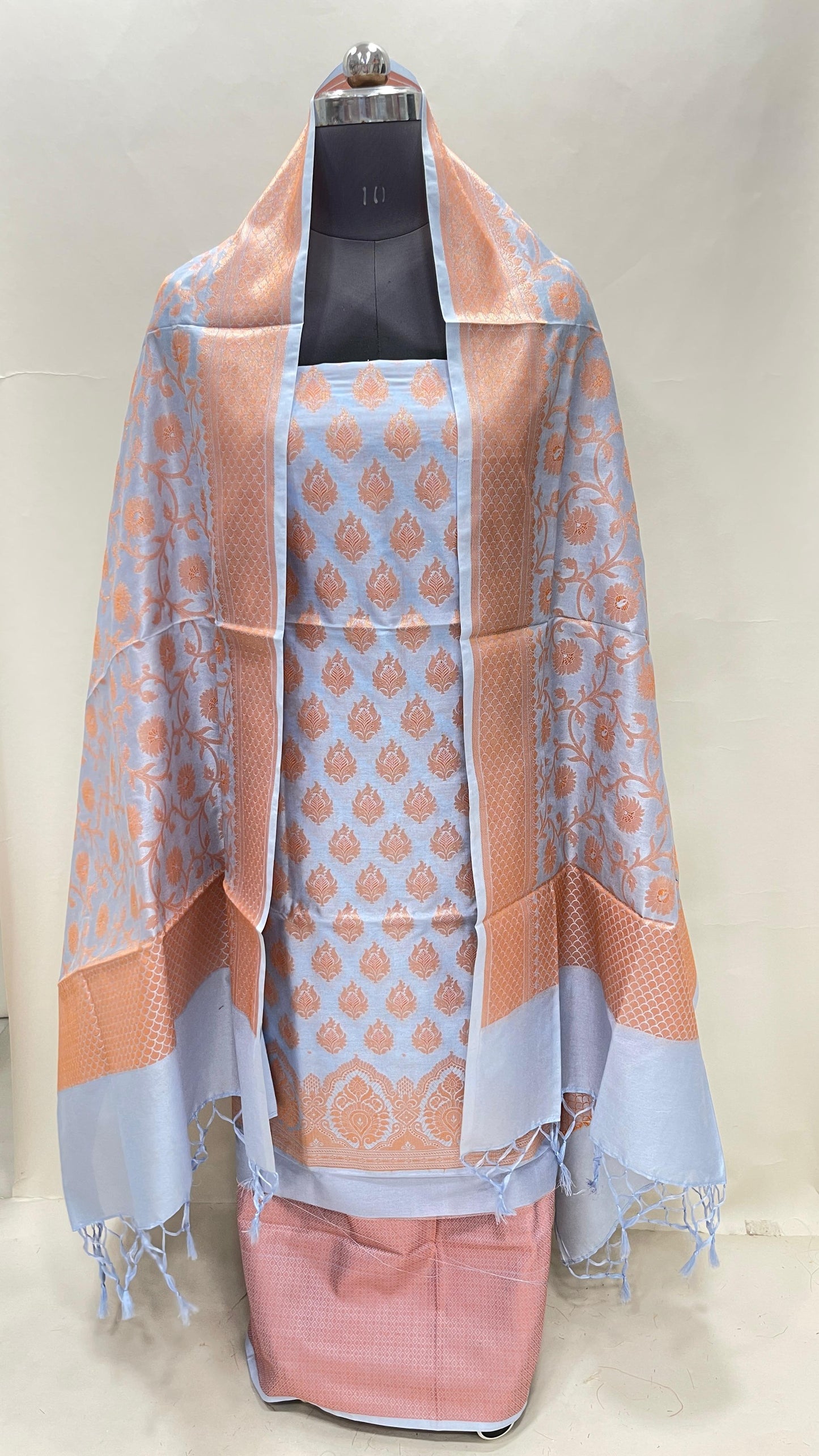 Faishana Presents Light Blue Semi Katan Silk 3 pcs Suit Set with Plain Bottom and Top Copper Floral Zari Booti with Copper Zari Jaal Dupatta ASD_104