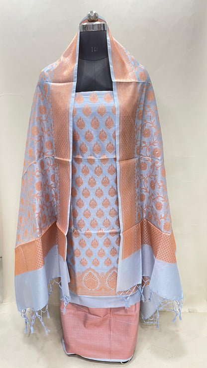 Faishana Presents Light Blue Semi Katan Silk 3 pcs Suit Set with Plain Bottom and Top Copper Floral Zari Booti with Copper Zari Jaal Dupatta ASD_104
