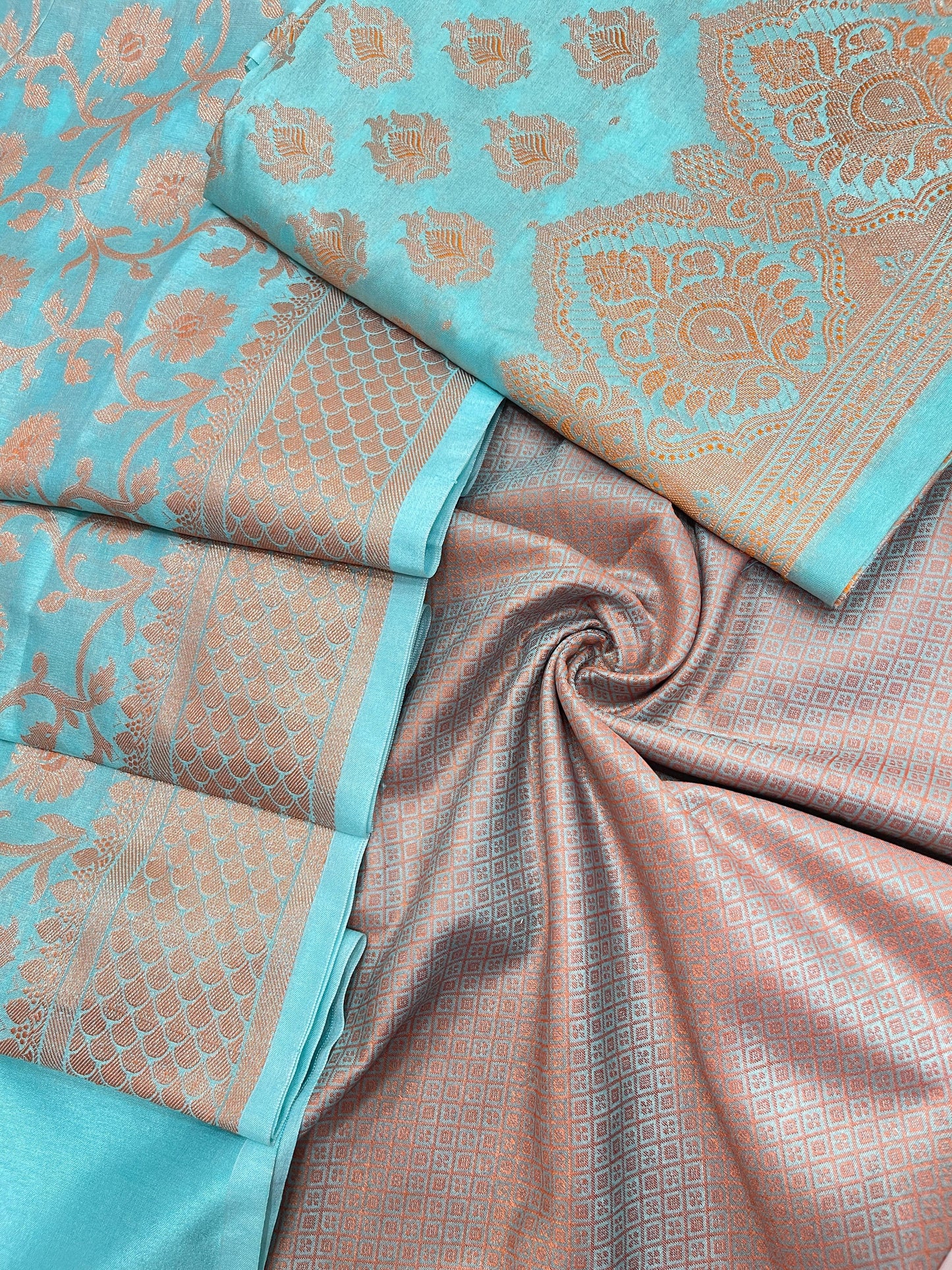 Faishana Presents Sea Green Semi Katan Silk 3 pcs Suit Set with Plain Bottom and Top Copper Floral Zari Booti with Copper Zari Jaal Dupatta ASD_105
