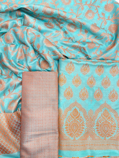 Faishana Presents Sea Green Semi Katan Silk 3 pcs Suit Set with Plain Bottom and Top Copper Floral Zari Booti with Copper Zari Jaal Dupatta ASD_105