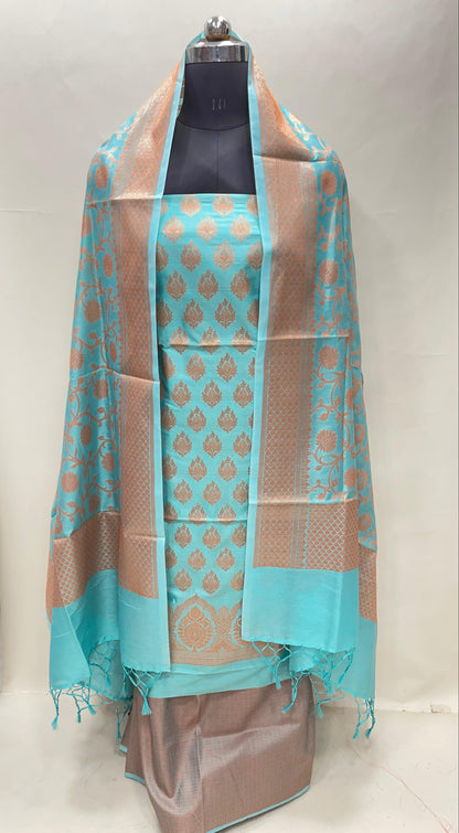 Faishana Presents Sea Green Semi Katan Silk 3 pcs Suit Set with Plain Bottom and Top Copper Floral Zari Booti with Copper Zari Jaal Dupatta ASD_105