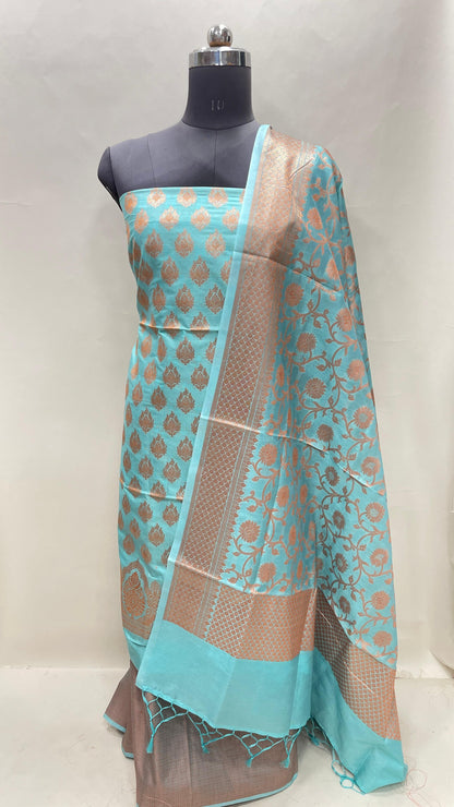 Faishana Presents Sea Green Semi Katan Silk 3 pcs Suit Set with Plain Bottom and Top Copper Floral Zari Booti with Copper Zari Jaal Dupatta ASD_105