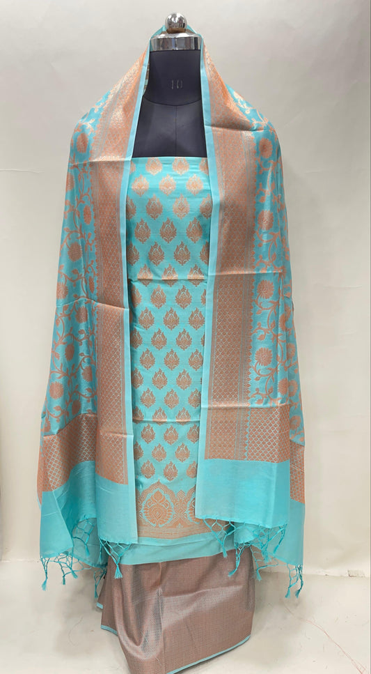Brown Cotton Dyable Alfi Zari Booti Banarasi Suit with Floral Zari Jaal Banarasi Suit 13SHL_DAS1