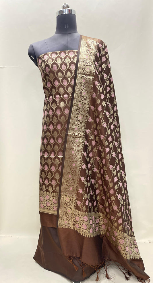 Faishana Presents Brown Semi Katan Silk 3 pcs Suit Set with Plain Bottom and Top Floral Minakari Zari Booti with Stripe Mina Brown Dupatta ASD_106