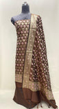 Faishana Presents Brown Semi Katan Silk 3 pcs Suit Set with Plain Bottom and Top Floral Minakari Zari Booti with Stripe Mina Brown Dupatta ASD_106