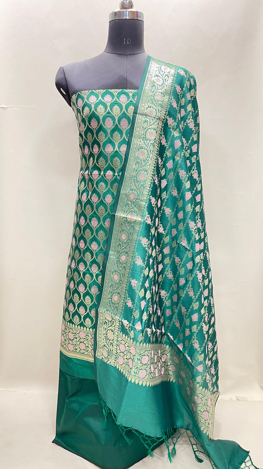 Faishana Presents Sea Green Semi Katan Silk 3 pcs Suit Set with Plain Bottom and Top Floral Minakari Zari Booti with Stripe Mina Sea Green Dupatta ASD_108