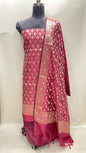 Faishana Presents Pink Semi Katan Silk 3 pcs Suit Set with Plain Bottom and Top Floral Minakari Zari Booti with Stripe Mina Pink Dupatta ASD_107