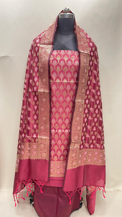 Faishana Presents Pink Semi Katan Silk 3 pcs Suit Set with Plain Bottom and Top Floral Minakari Zari Booti with Stripe Mina Pink Dupatta ASD_107
