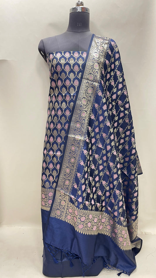 Faishana Presents Navy Blue Semi Katan Silk 3 pcs Suit Set with Plain Bottom and Top Floral Minakari Zari Booti with Stripe Mina Navy Blue Dupatta ASD_109