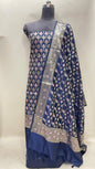 Faishana Presents Navy Blue Semi Katan Silk 3 pcs Suit Set with Plain Bottom and Top Floral Minakari Zari Booti with Stripe Mina Navy Blue Dupatta ASD_109