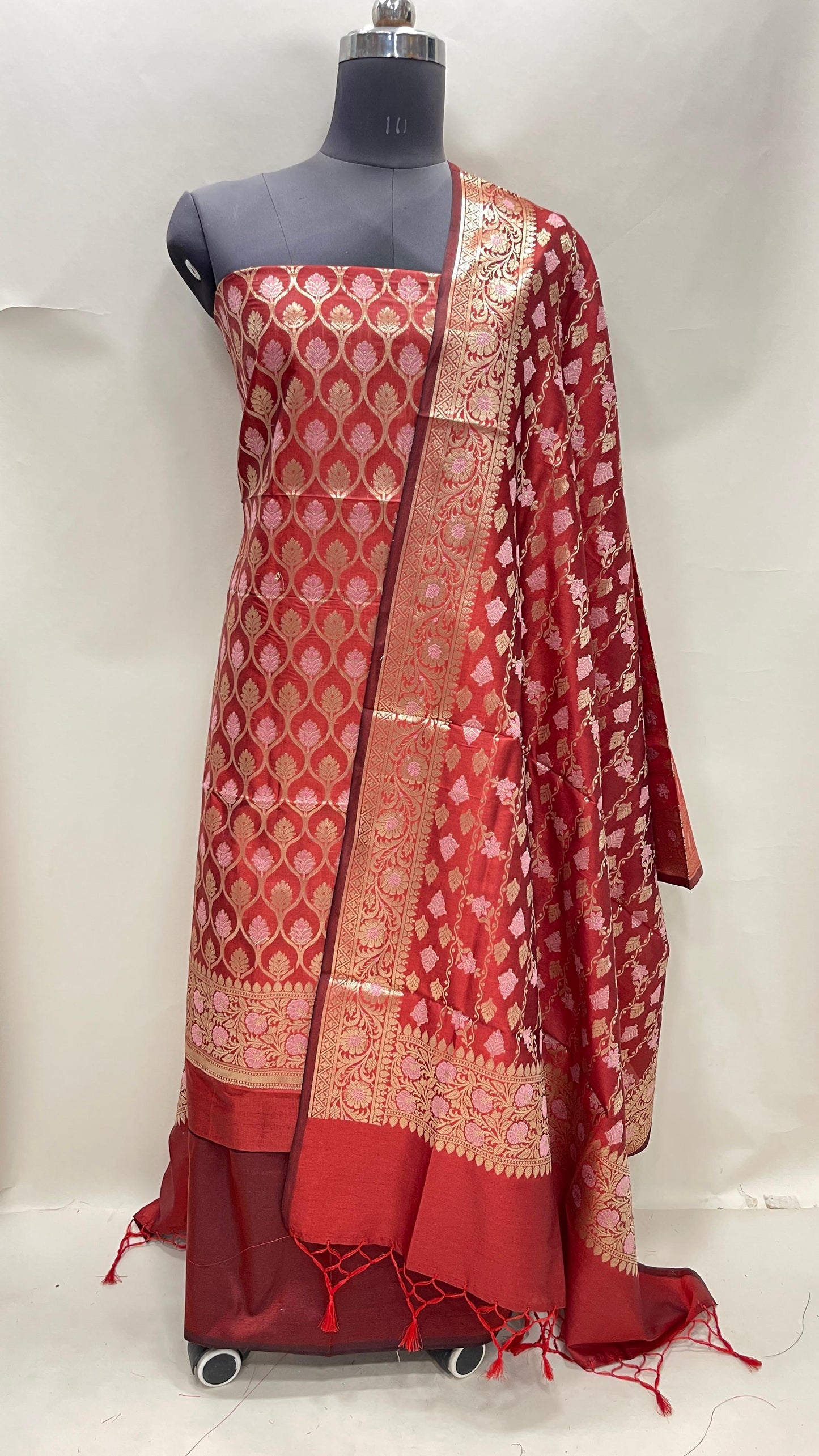 Faishana Presents Red Semi Katan Silk 3 pcs Suit Set with Plain Bottom and Top Floral Minakari Zari Booti with Stripe Mina Red Dupatta ASD_110