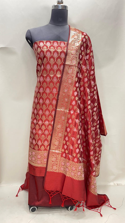 Faishana Presents Red Semi Katan Silk 3 pcs Suit Set with Plain Bottom and Top Floral Minakari Zari Booti with Stripe Mina Red Dupatta ASD_110