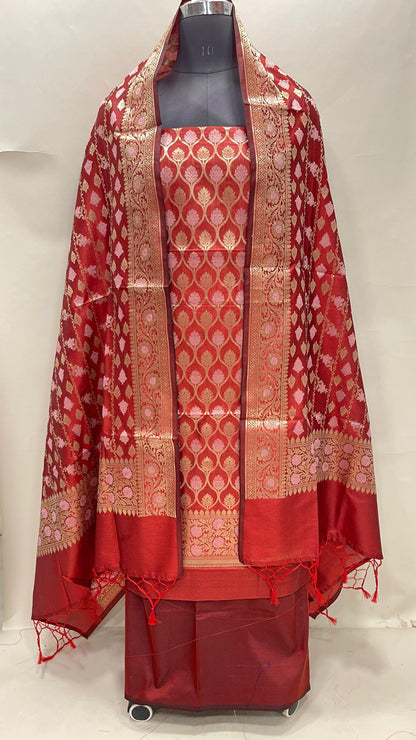 Faishana Presents Red Semi Katan Silk 3 pcs Suit Set with Plain Bottom and Top Floral Minakari Zari Booti with Stripe Mina Red Dupatta ASD_110