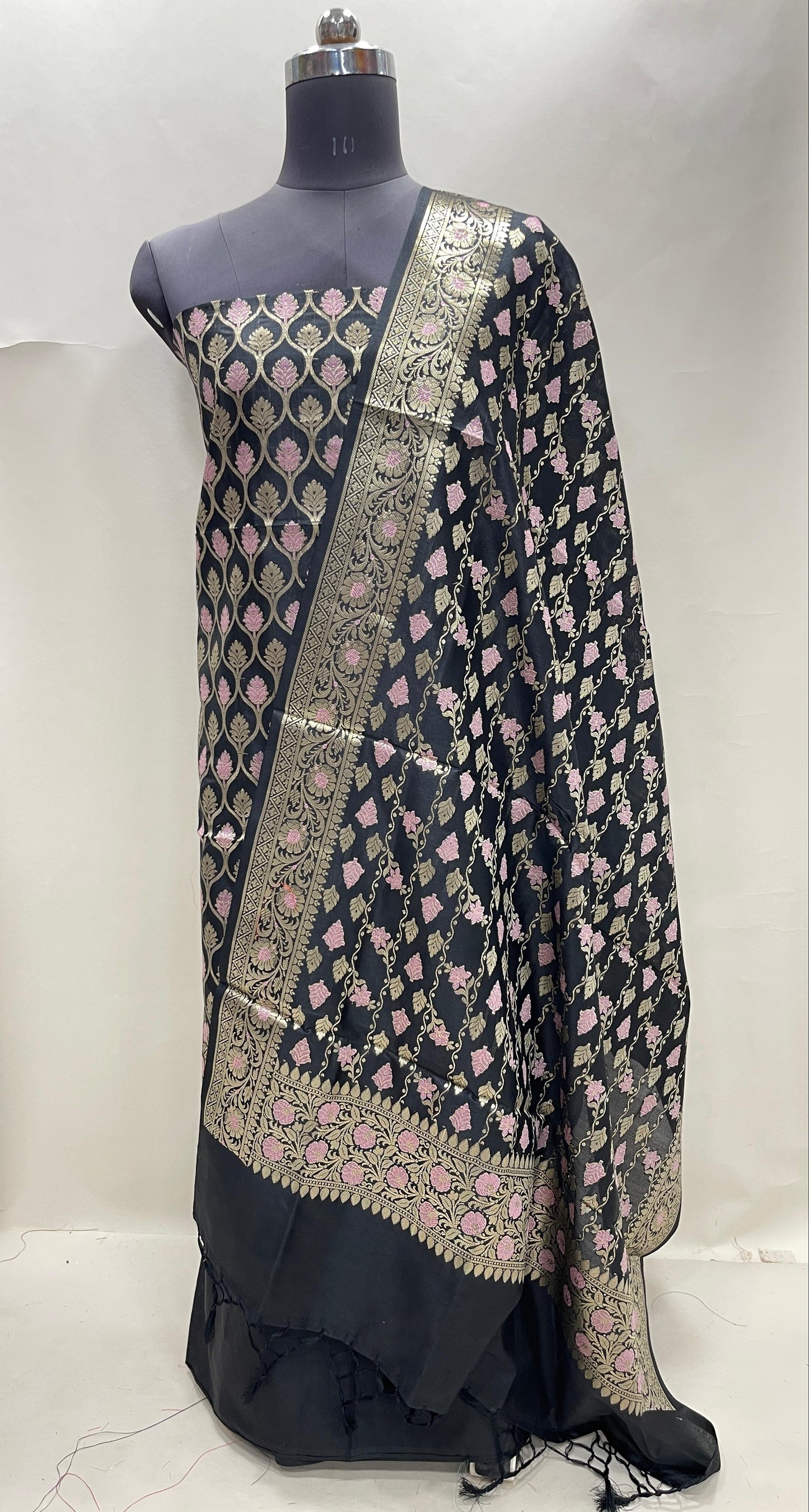 Faishana Presents Black Semi Katan Silk 3 pcs Suit Set with Plain Bottom and Top Floral Minakari Zari Booti with Stripe Mina Black Dupatta ASD_111